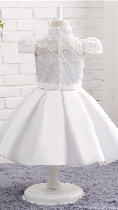 Sweet A-line White Flower Girl Dresses High Collar Lace & Satin Short Gown LFNGA008