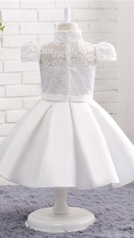 Sweet A-line White Flower Girl Dresses High Collar Lace & Satin Short Gown LFNGA008