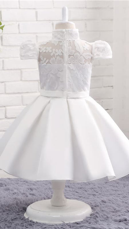 Sweet A-line White Flower Girl Dresses High Collar Lace & Satin Short Gown LFNGA008