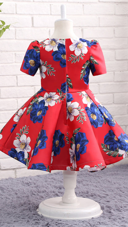 Dainty A-line Red Girl Skirt Round Neck Satin Short Gown LFNGA010