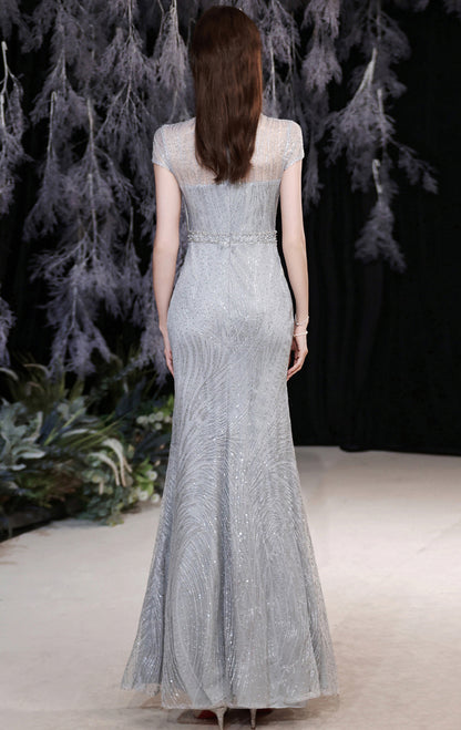 Gorgeous Mermaid Grey Evening Dress Round Neck Tulle Long Formal Dress LFNC0431