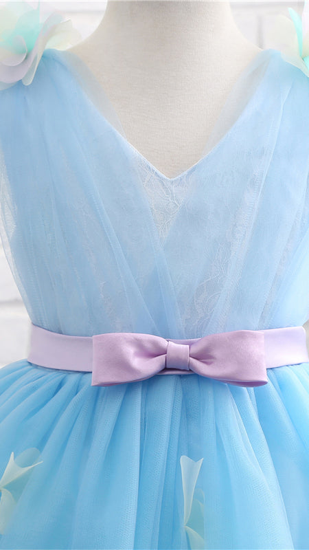 Gorgeous A-line Blue Flower Girl Dresses V Neck Embossed Tulle Short Gown LFNGA003