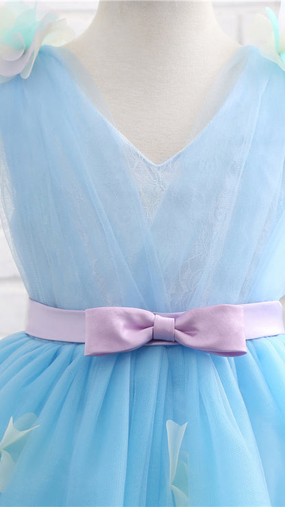 Gorgeous A-line Blue Flower Girl Dresses V Neck Embossed Tulle Short Gown LFNGA003