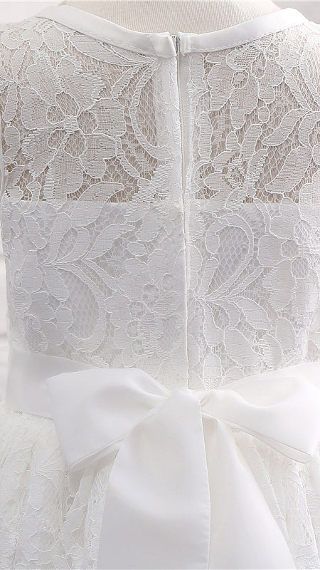 Minimalist A-line White Flower Girl Dresses Round Neck Lace Short Gown LFNGA005