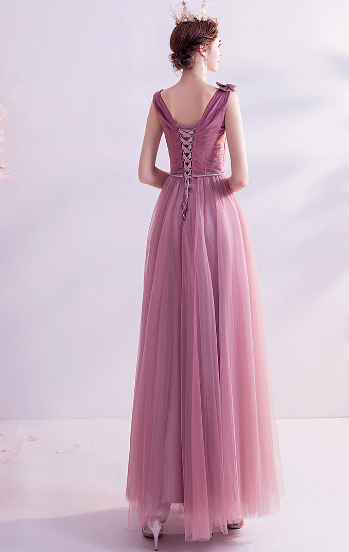 2026 A-line Peach Powder Evening Dress V Neck Tulle Long Formal Dress LFNC0393