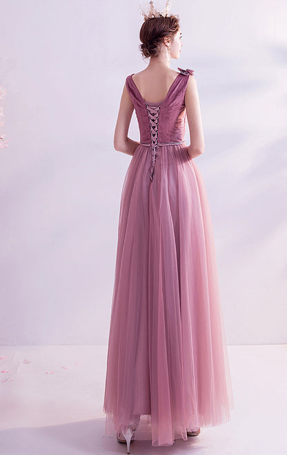 2026 A-line Peach Powder Evening Dress V Neck Tulle Long Formal Dress LFNC0393