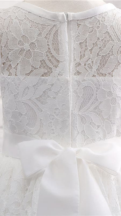 Minimalist A-line White Flower Girl Dresses Round Neck Lace Short Gown LFNGA005