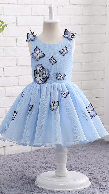 Airy A-line Blue Flower Girl Dresses Round Neck Embroidered‑Butterfly Tulle Short Gown LFNGA007