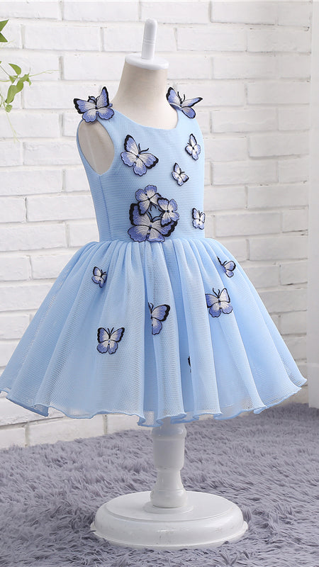 Airy A-line Blue Flower Girl Dresses Round Neck Embroidered‑Butterfly Tulle Short Gown LFNGA007