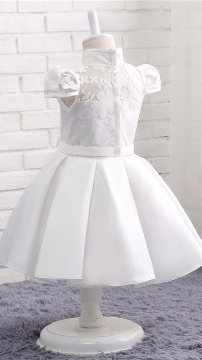 Sweet A-line White Flower Girl Dresses High Collar Lace & Satin Short Gown LFNGA008