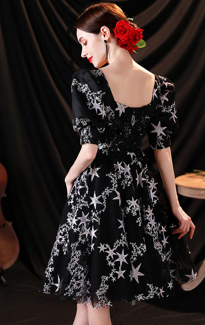 Beautiful tailored A-line Black Evening Dress Square Collar Neck Tulle Short Formal Dress LFNC0430