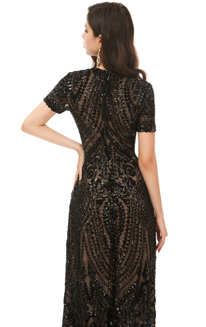 Gorgeous A-line Black Evening Dress Round Neck Sequins Long Formal Dress LFNL0587