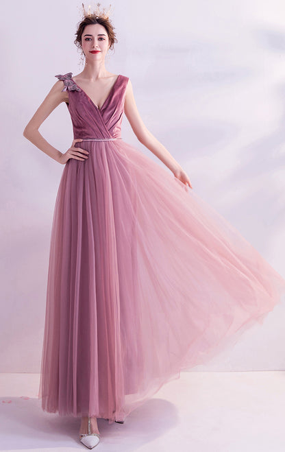 2026 A-line Peach Powder Evening Dress V Neck Tulle Long Formal Dress LFNC0393