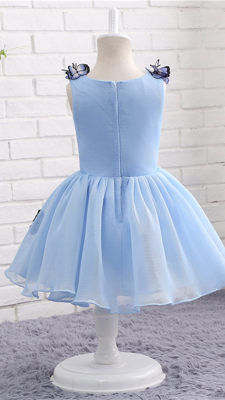 Airy A-line Blue Flower Girl Dresses Round Neck Embroidered‑Butterfly Tulle Short Gown LFNGA007