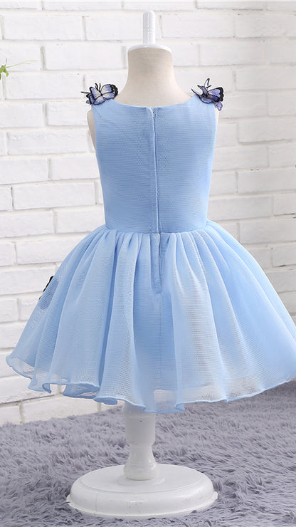 Airy A-line Blue Flower Girl Dresses Round Neck Embroidered‑Butterfly Tulle Short Gown LFNGA007