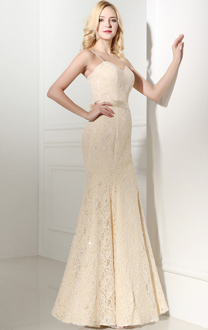 Graceful Mermaid Champagne Evening Dress Straps Lace Long Formal Dress LFNL0493