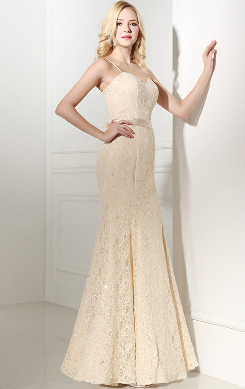 Graceful Mermaid Champagne Evening Dress Straps Lace Long Formal Dress LFNL0493