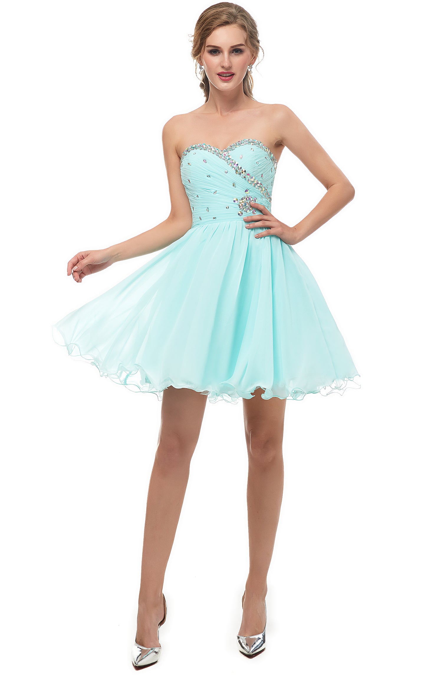 Lightweight A-line Blue Green Evening Dress Sweetheart Neck Chiffon Short Formal Dress LFNL0529