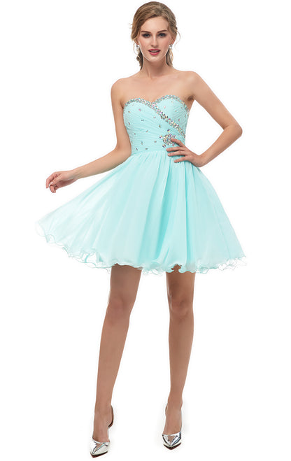 Lightweight A-line Blue Green Evening Dress Sweetheart Neck Chiffon Short Formal Dress LFNL0529