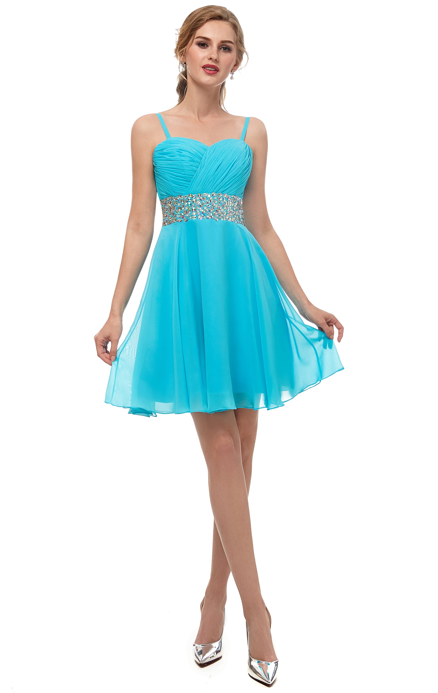 Timeless A-line Blue Evening Dress Straps Chiffon Short Formal Dress LFNL0530