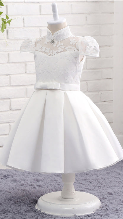 Sweet A-line White Flower Girl Dresses High Collar Lace & Satin Short Gown LFNGA008