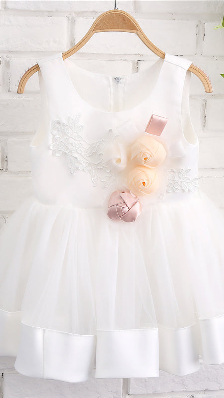 Regal A-line White Flower Girl Dresses Round Neck Tulle & Satin Short Gown LFNGA009