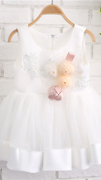 Regal A-line White Flower Girl Dresses Round Neck Tulle & Satin Short Gown LFNGA009