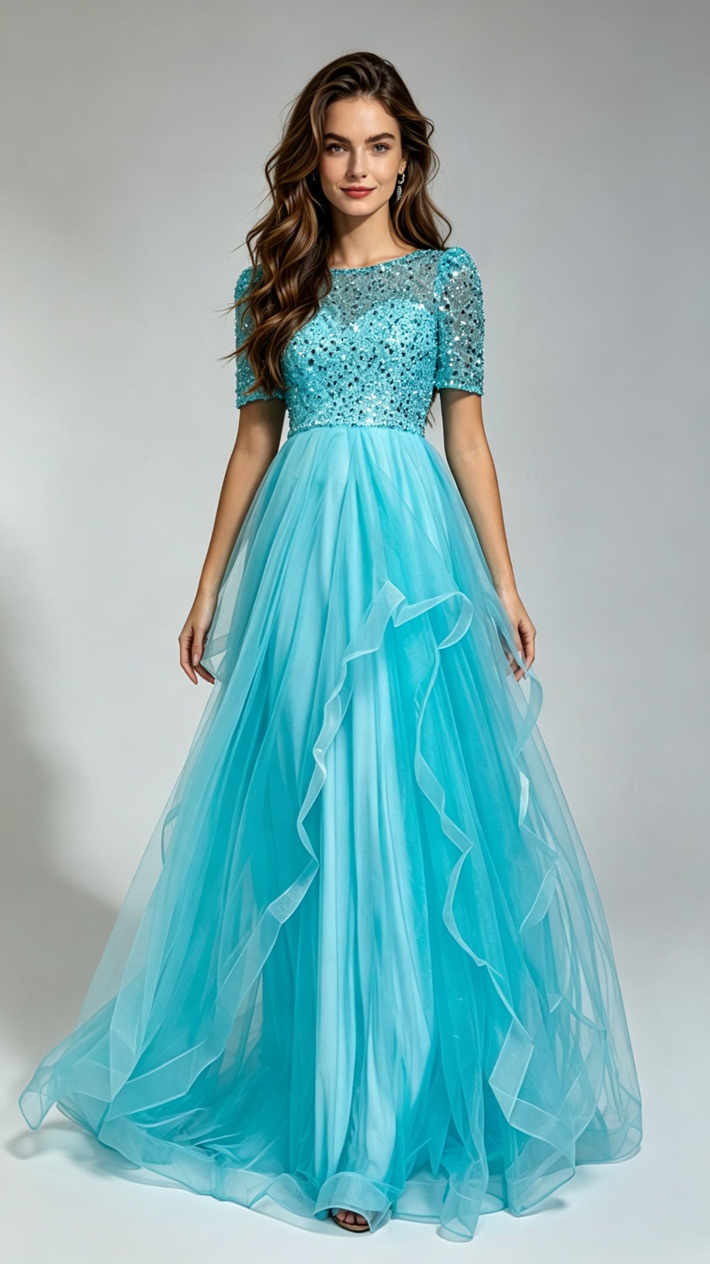 Eye-catching A-line Blue Evening Gowns  Tulle & Sequins Long Formal Dress LFNG0015