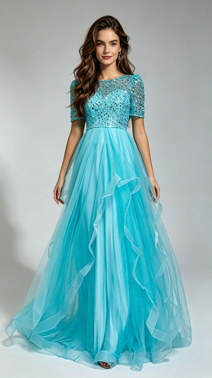 Eye-catching A-line Blue Evening Gowns  Tulle & Sequins Long Formal Dress LFNG0015