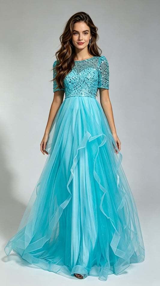 Eye-catching A-line Blue Evening Gowns  Tulle & Sequins Long Formal Dress LFNG0015