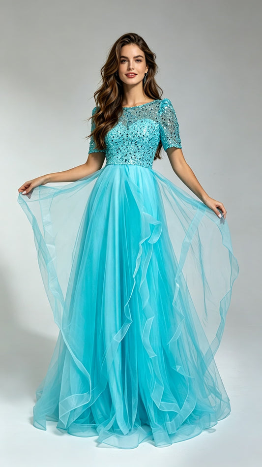 Eye-catching A-line Blue Evening Gowns  Tulle & Sequins Long Formal Dress LFNG0015