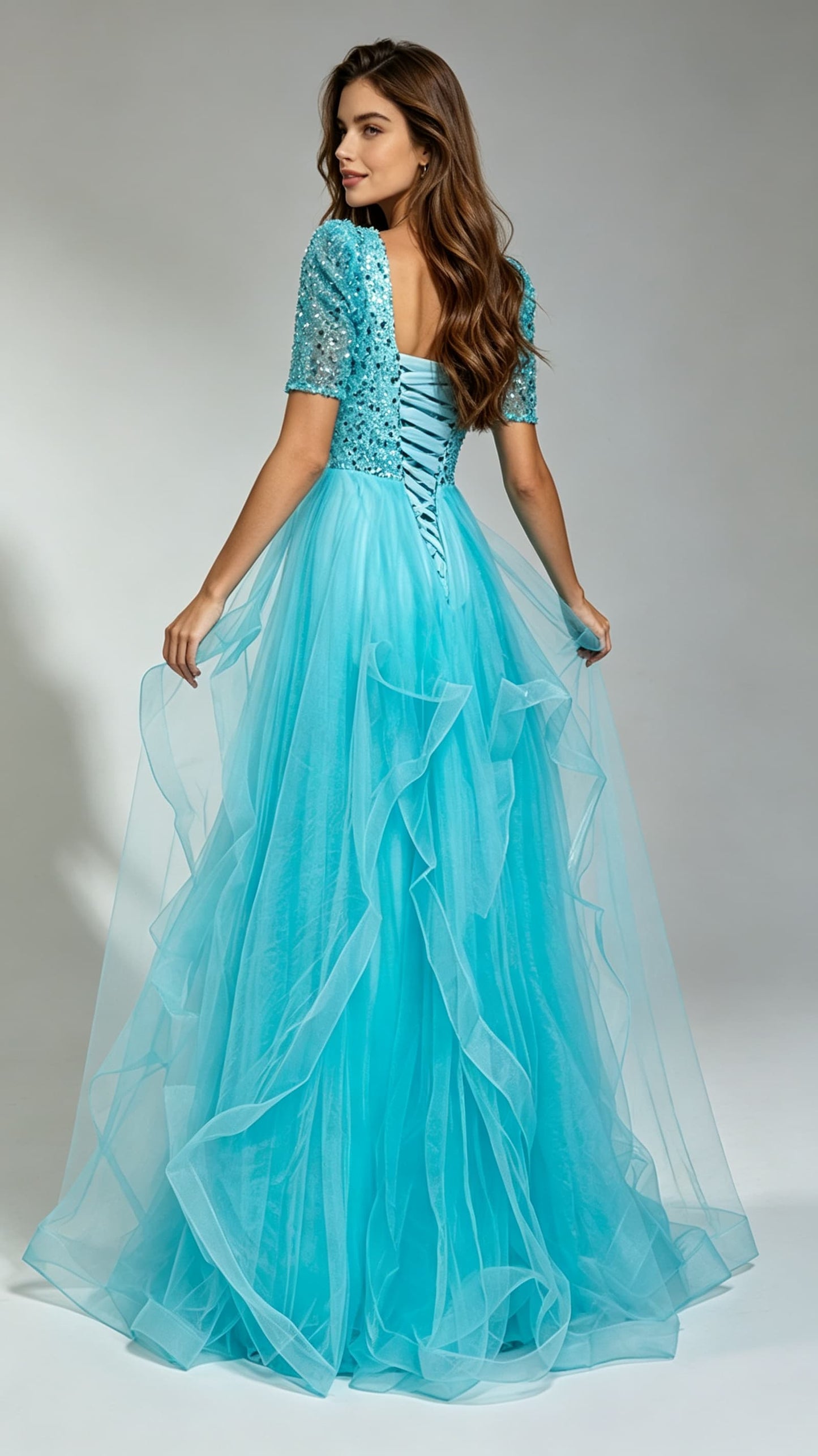Eye-catching A-line Blue Evening Gowns  Tulle & Sequins Long Formal Dress LFNG0015