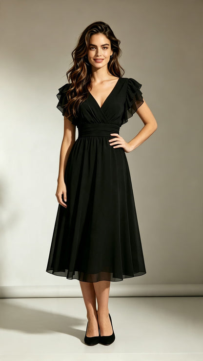 Simple A-line Black Bridesmaid Gowns V Neck Chiffon Midi Length Formal Dress LFNL0705