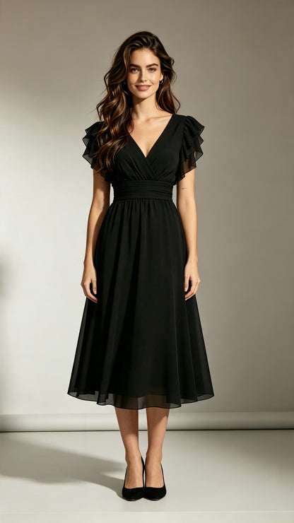 Simple A-line Black Bridesmaid Gowns V Neck Chiffon Midi Length Formal Dress LFNL0705