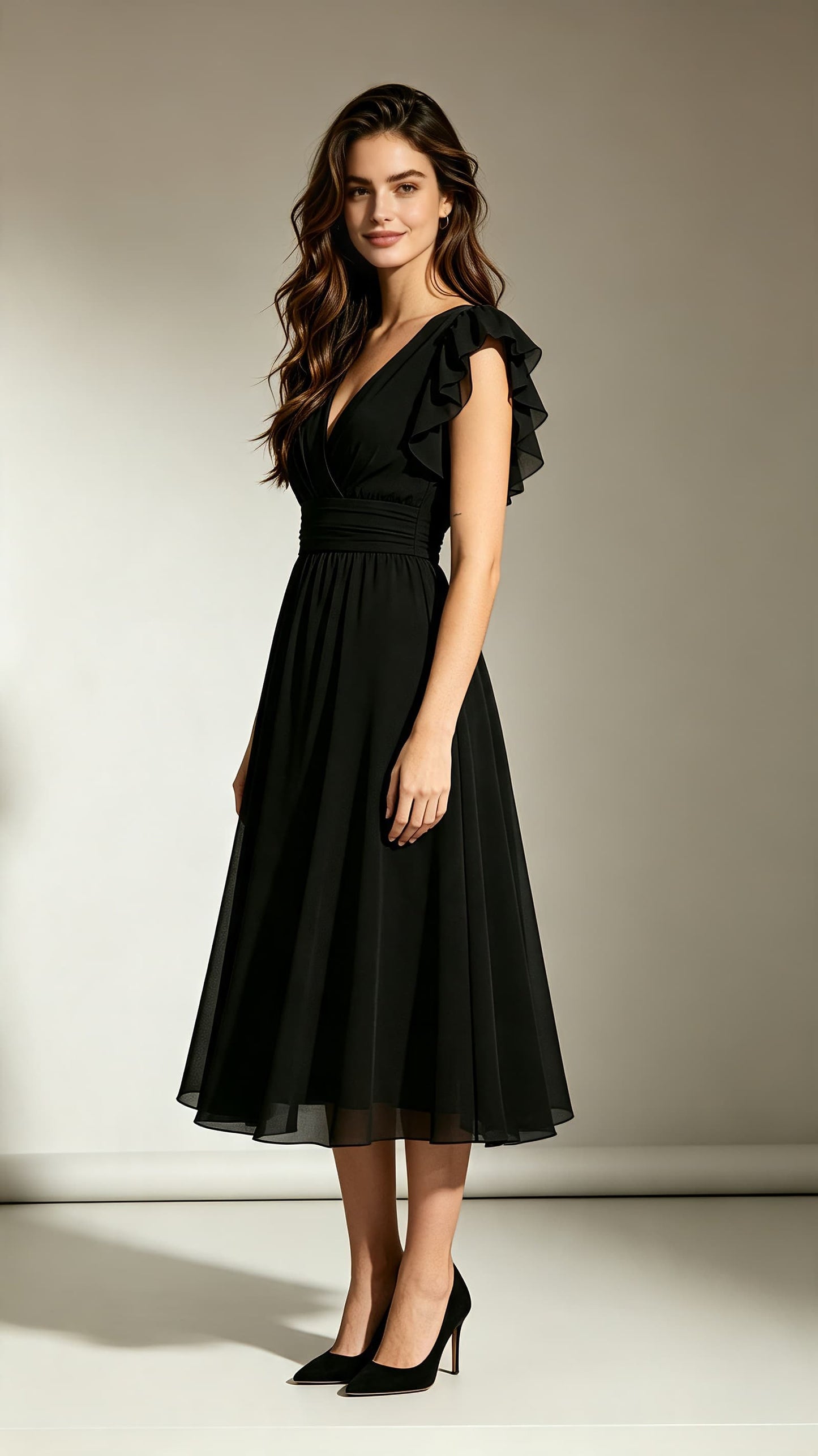 Simple A-line Black Bridesmaid Gowns V Neck Chiffon Midi Length Formal Dress LFNL0705