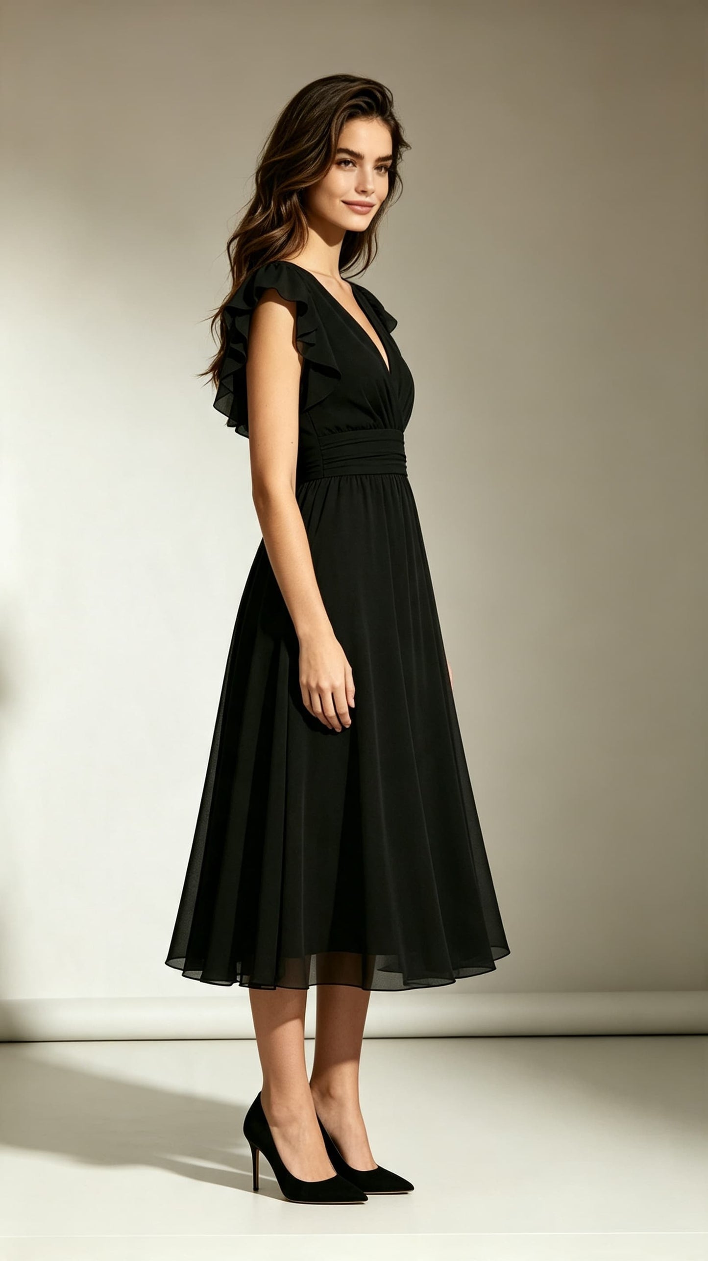Simple A-line Black Bridesmaid Gowns V Neck Chiffon Midi Length Formal Dress LFNL0705