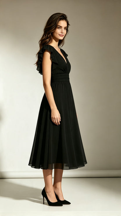 Simple A-line Black Bridesmaid Gowns V Neck Chiffon Midi Length Formal Dress LFNL0705