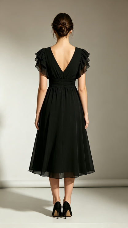Simple A-line Black Bridesmaid Gowns V Neck Chiffon Midi Length Formal Dress LFNL0705