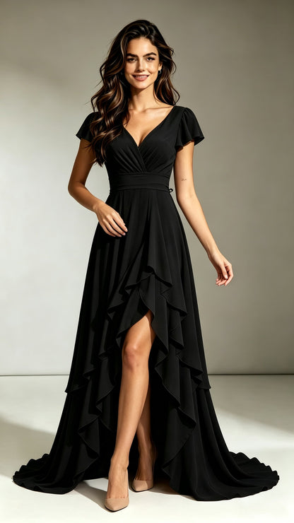 2026 A-line Black Bridesmaid Gowns V Neck Chiffon Maxi Dress LFNL0695