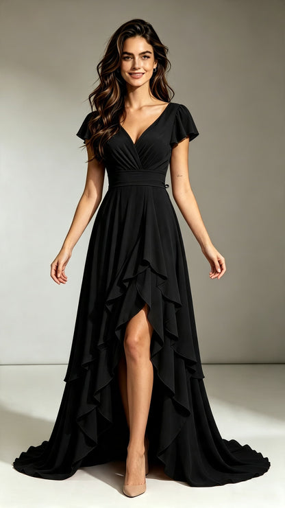 2026 A-line Black Bridesmaid Gowns V Neck Chiffon Maxi Dress LFNL0695