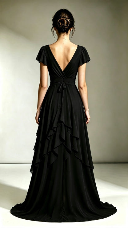 2026 A-line Black Bridesmaid Gowns V Neck Chiffon Maxi Dress LFNL0695