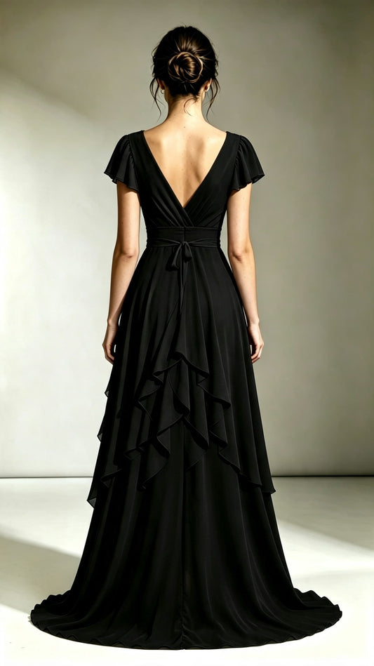 2026 A-line Black Bridesmaid Gowns V Neck Chiffon Maxi Dress LFNL0695