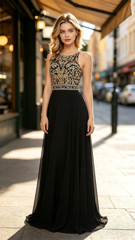 Soft A-line Black Evening Dress Halter Chiffon Maxi Dress LFNL0637