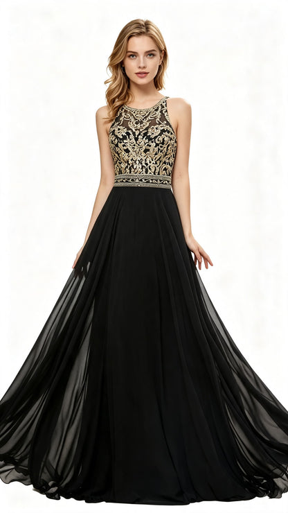 Soft A-line Black Evening Dress Halter Chiffon Maxi Dress LFNL0637