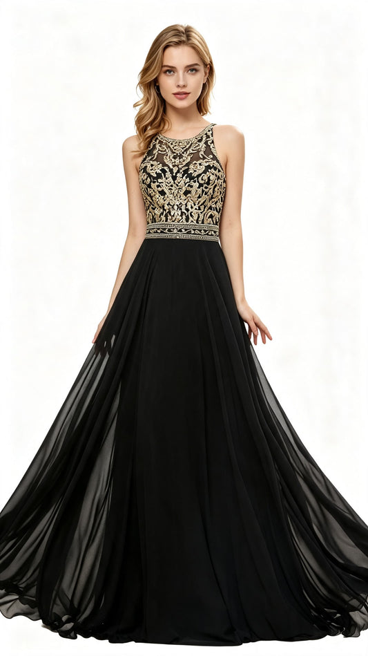 Soft A-line Black Evening Dress Halter Chiffon Maxi Dress LFNL0637