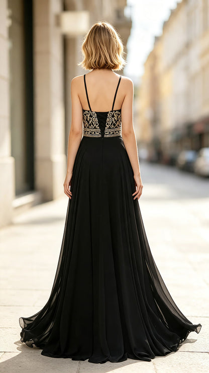 Soft A-line Black Evening Dress Halter Chiffon Maxi Dress LFNL0637