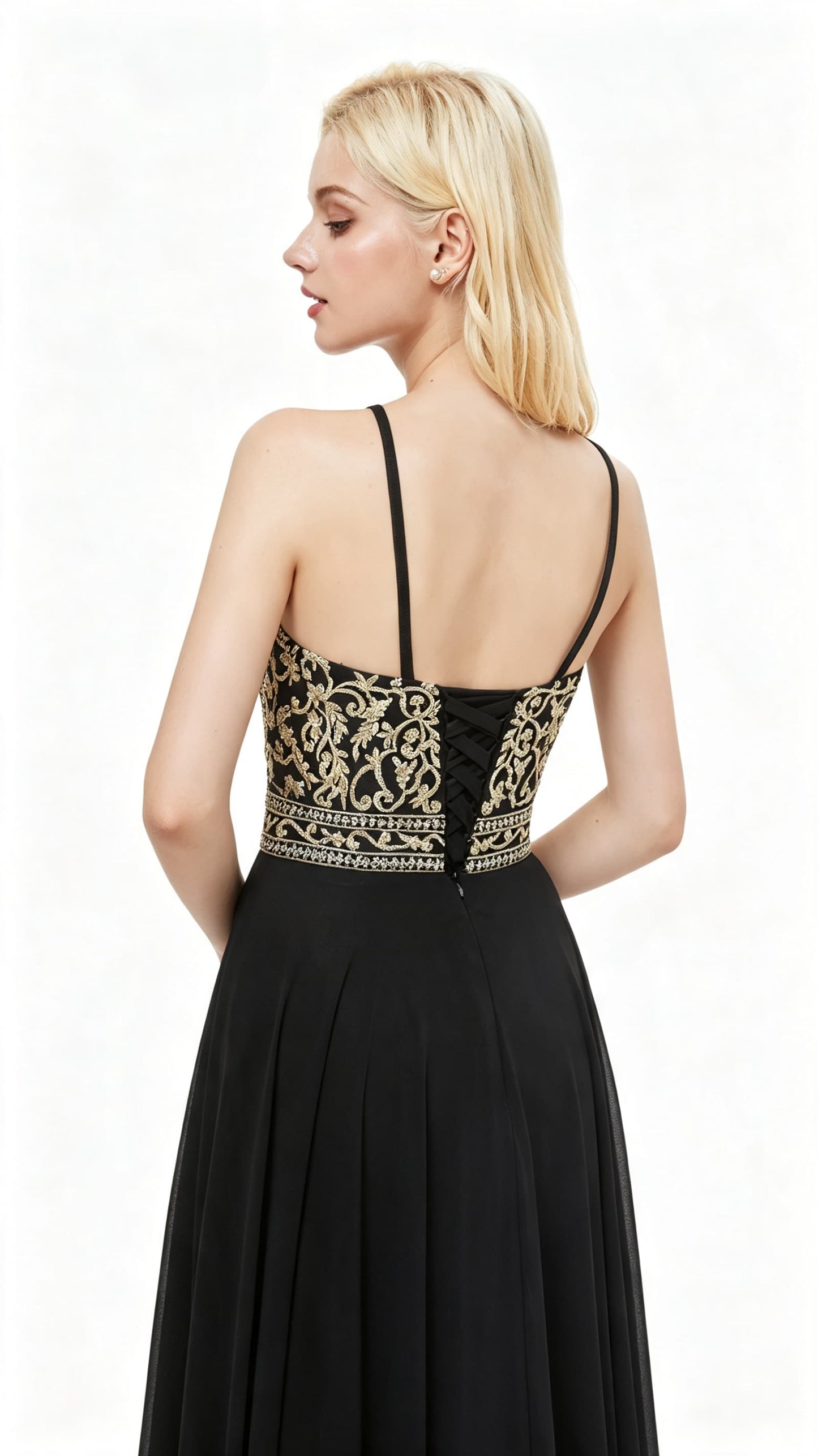 Soft A-line Black Evening Dress Halter Chiffon Maxi Dress LFNL0637