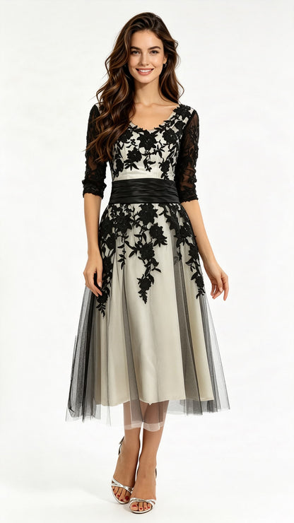 2026 A-line Black Evening Gowns V Neck Satin&Lace Short Formal Dress LFNG0027