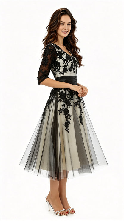2026 A-line Black Evening Gowns V Neck Satin&Lace Short Formal Dress LFNG0027