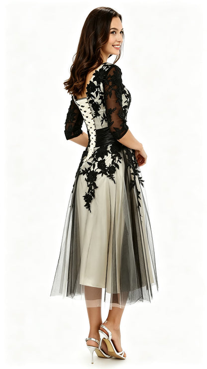 2026 A-line Black Evening Gowns V Neck Satin&Lace Short Formal Dress LFNG0027